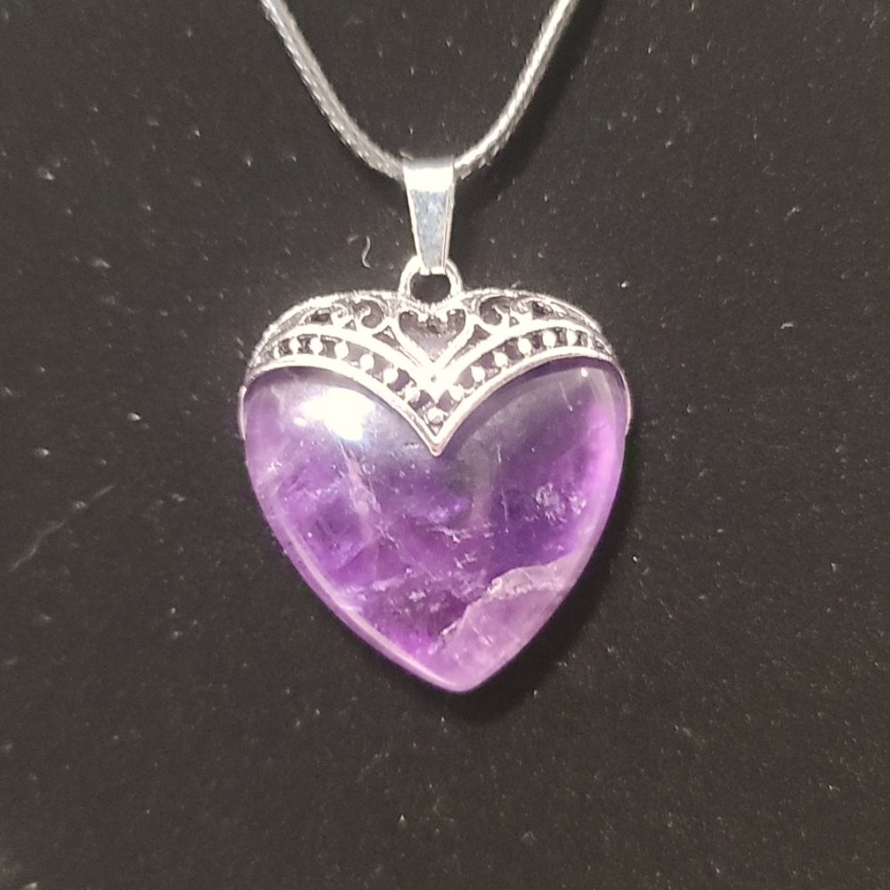 Heart Pendant Necklace w Amethyst Stone, Silver Tone Accents & Black Cord - Picture 1 of 4